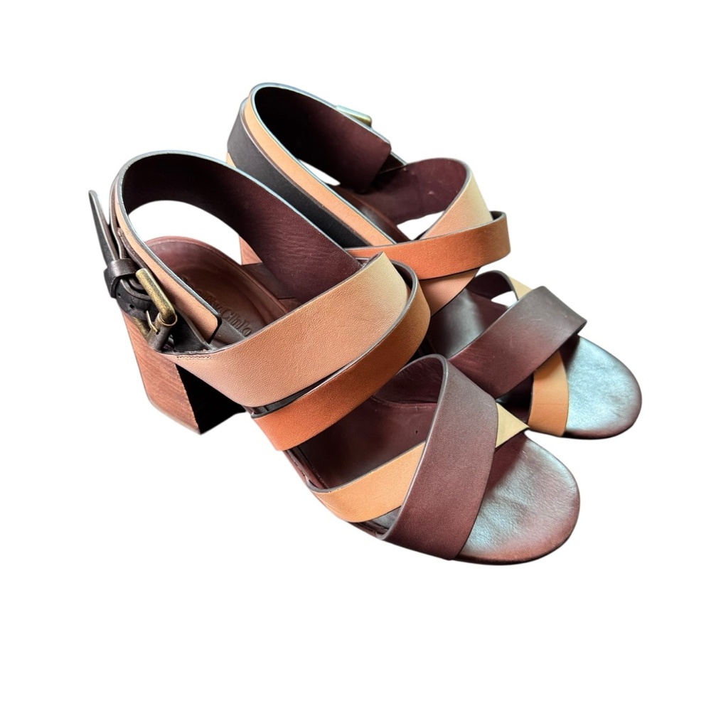 See by Chloé Brown Tan Leather Strappy Block Heel Sandals size 37